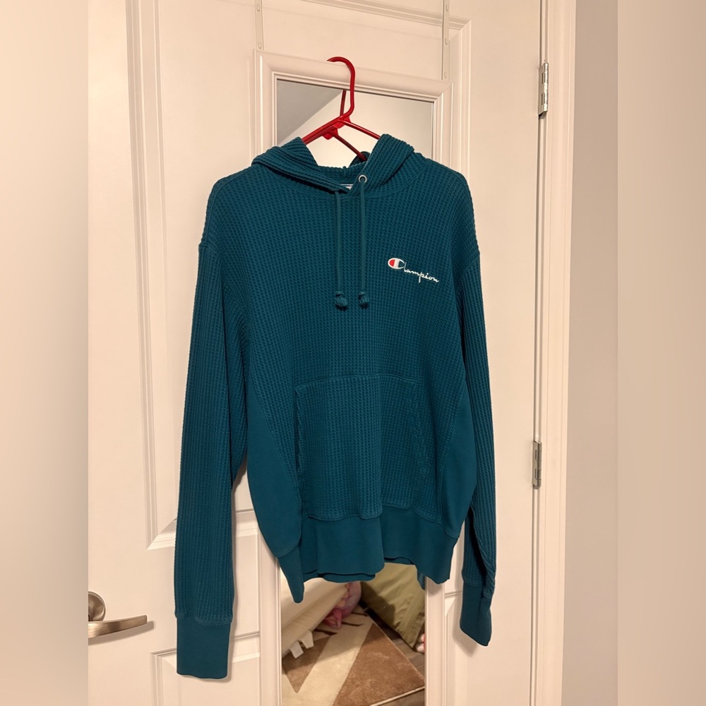 Champion Waffle Knit Hoodie Teal Pullover Sweatshirt Logo Medium